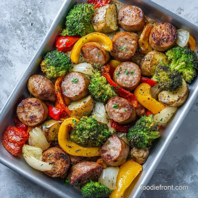 Tender sausage slices and vibrant roasted vegetables artfully arranged on a white plate with fresh herbs.