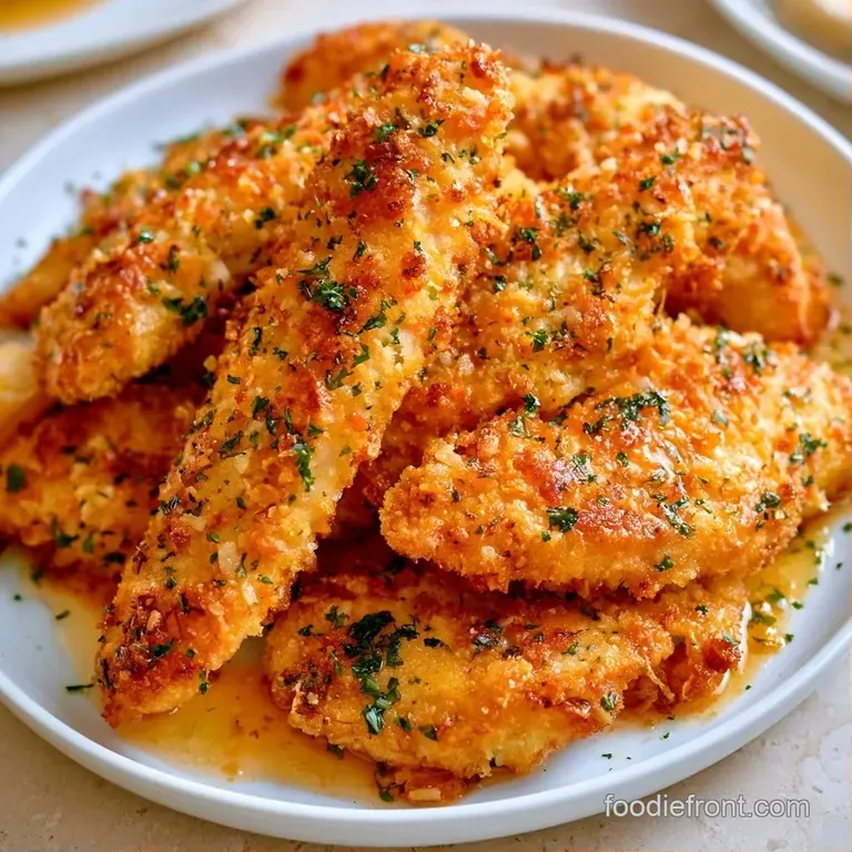 Golden breaded chicken strips arranged neatly on a ceramic plate with fresh lemon wedges and a sprig of parsley.