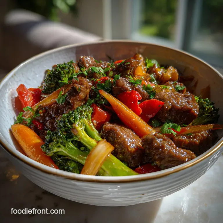 Elegant plate showcasing succulent beef stir-fry with a vibrant mix of vegetables, artfully arranged and garnished with he...