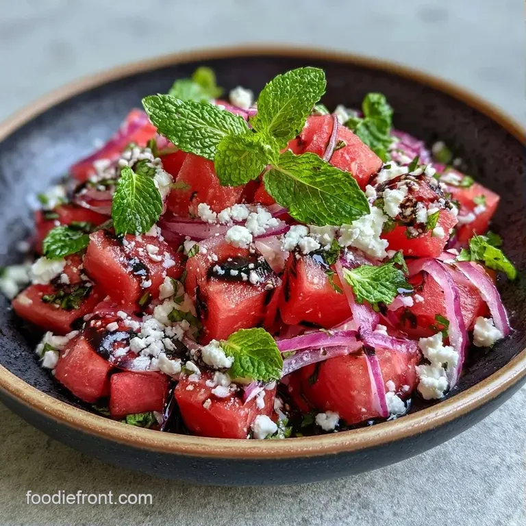 Crisp red watermelon chunks and white feta crumbles scattered on a platter with fresh mint and olive oil drizzle.