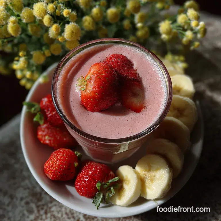 Elegant glass of pastel pink smoothie with a swirl of whipped cream, garnished with a single, ripe strawberry and mint leaf.