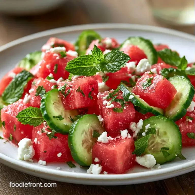Neatly arranged ruby-red watermelon cubes topped with snowy feta cheese on a minimalist white ceramic platter.