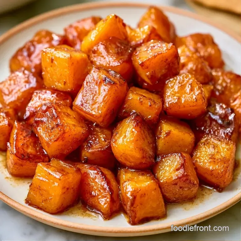 Soft orange squash cubes piled on a matte ceramic plate, drizzled with amber syrup and topped with fresh thyme.