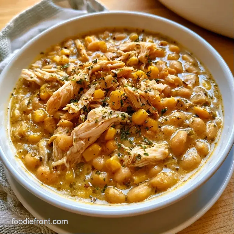 A rustic bowl of chunky white chili topped with a swirl of cream, fresh cilantro, and a lime wedge on the side.