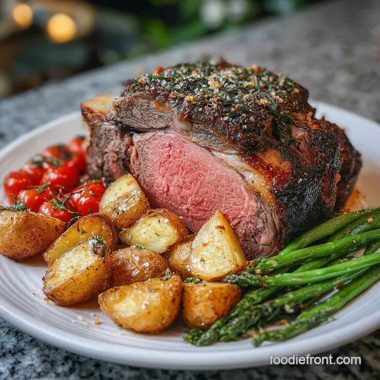 Thick slice of rosy prime rib on a white plate, drizzled with rich pan jus. Garnished with fresh herbs.