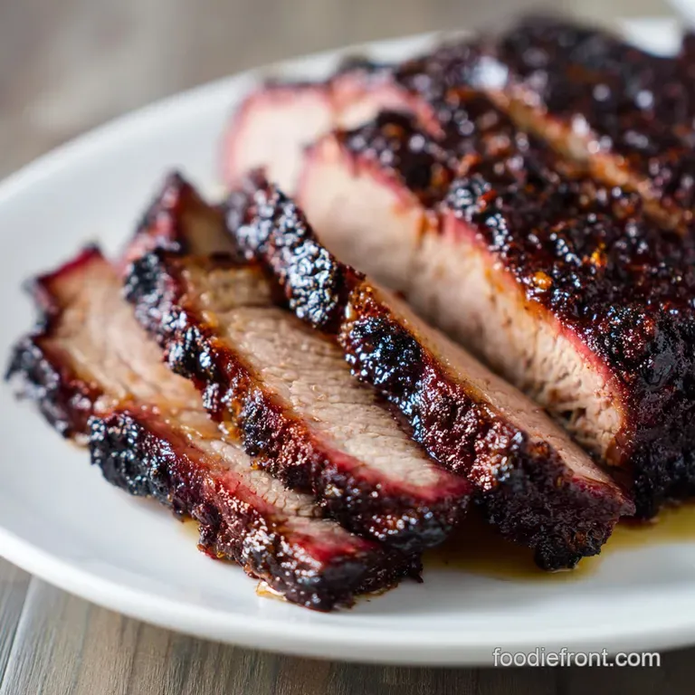 Tender slices of smoked chuck roast artfully arranged on a white plate, glistening with rendered fat and flecked with herbs.