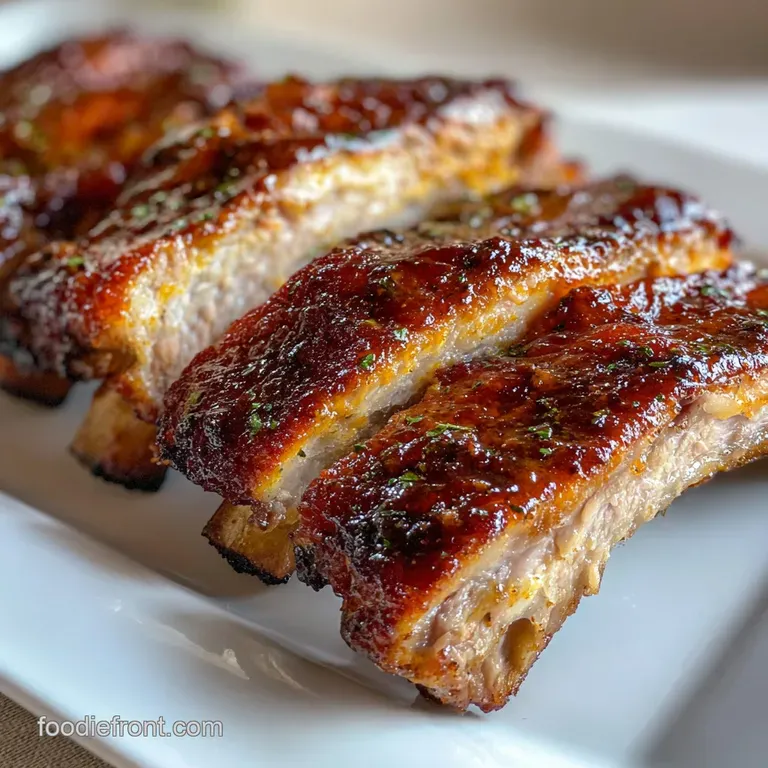 Tender BBQ ribs with a beautiful smoke ring. Fall-off-the-bone texture, paired with bright green parsley garnish.