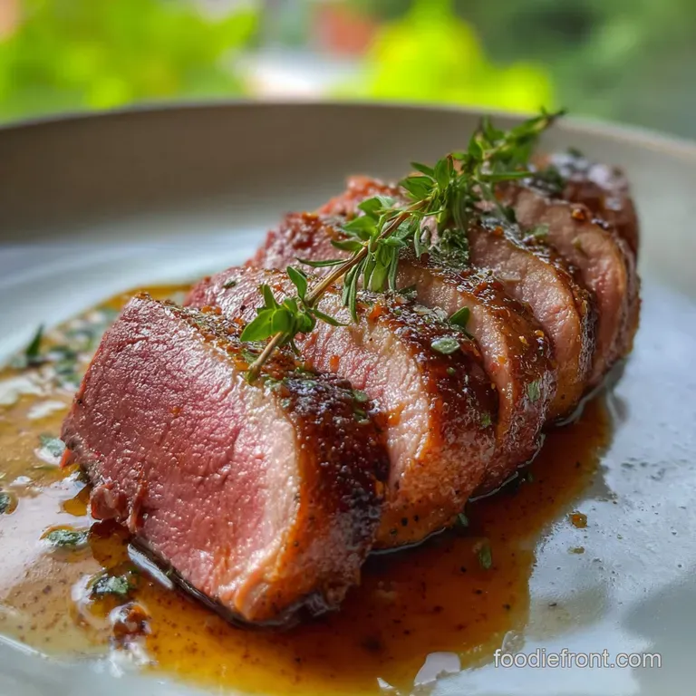 Perfectly pan-seared duck breast with herbs and rich pan sauce. The duck looks so tender and juicy. Garnished with micro ...