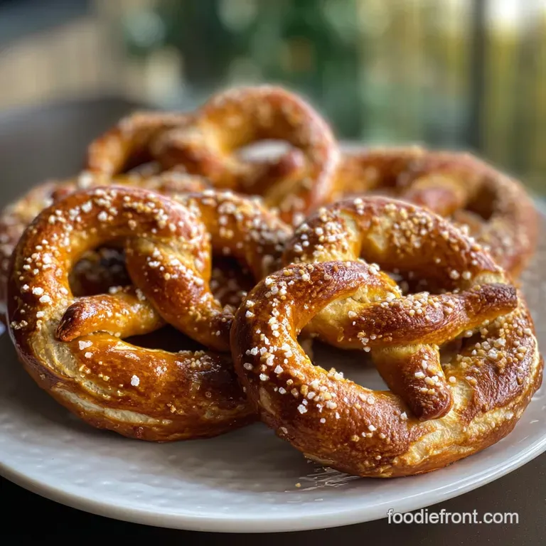 A tower of glistening, spiced pretzels artfully arranged in a bowl, next to a creamy, white dipping sauce.
