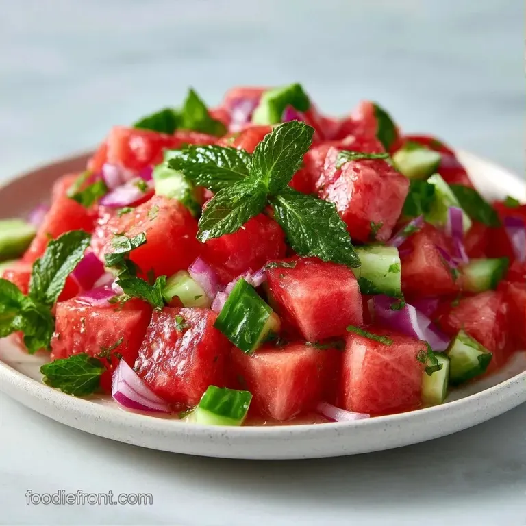 Bright red fruit cubes and white feta arranged on a white plate, dusted with red pepper flakes and lime zest.