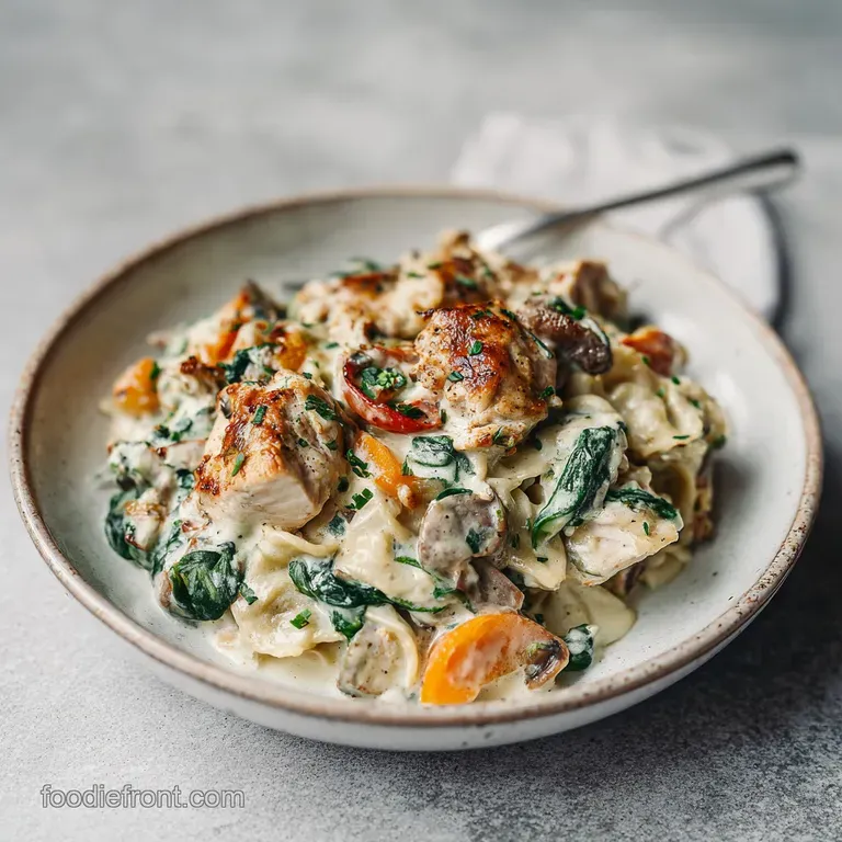 Creamy spinach and chicken bake topped with golden-brown cheese and a sprinkle of herbs