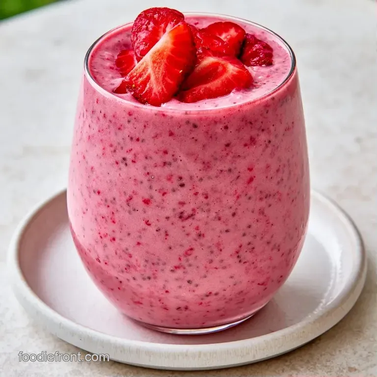 Two frosted glasses filled with pale pink liquid, topped with sliced bananas and a sprinkle of black seeds.