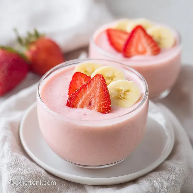 Chilled pink drink in a slim glass, accented by fresh berry slices and banana rounds on a clean white background.