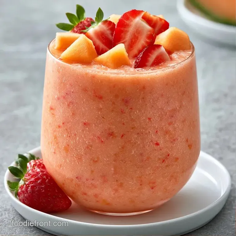 Two frosted glasses of pale orange nectar on a white marble slab, garnished with fresh strawberry slices and mint.