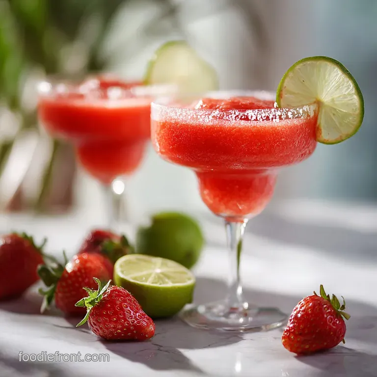 Elegant daiquiri in a stemmed glass, garnished with a fresh strawberry slice. Frosty condensation signals a cool treat.