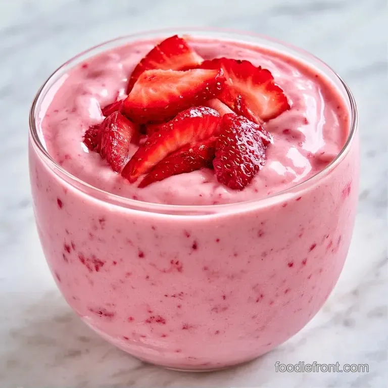 Tall glass of frosty pink liquid garnished with a fresh strawberry slice, set on a bright white marble tabletop.
