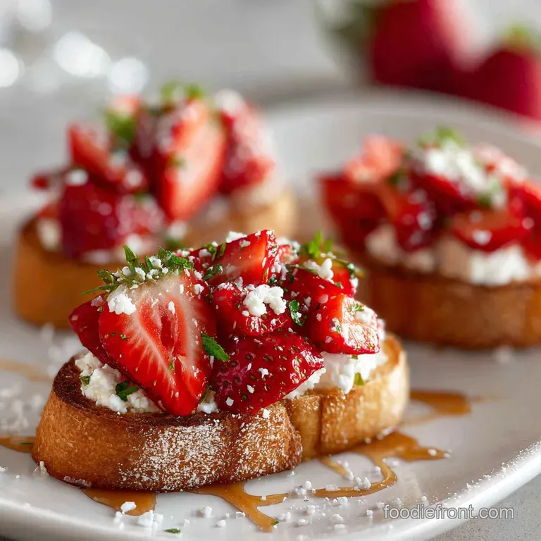 Elegant bruschetta: golden toasts piled high with fluffy ricotta, juicy red strawberries, and a glistening honey drizzle o...