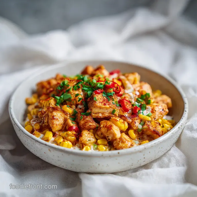 An artfully arranged chicken bowl featuring smoky charred corn kernels, bright green cilantro, and a drizzle of lime crema.