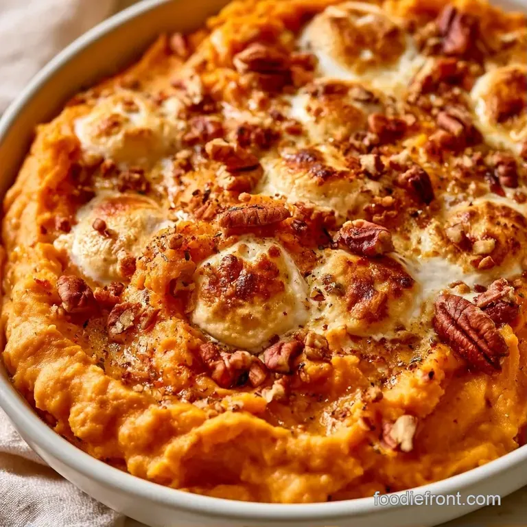 A smooth scoop of vibrant orange mash topped with toasted brown pecans on a sleek, white ceramic dinner plate.