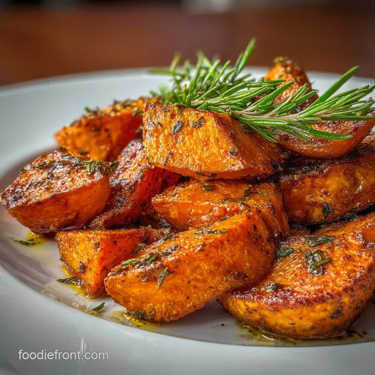 Elegant portion of glistening, caramelized sweet potatoes with a sprinkle of herbs on a white plate; warm and inviting.