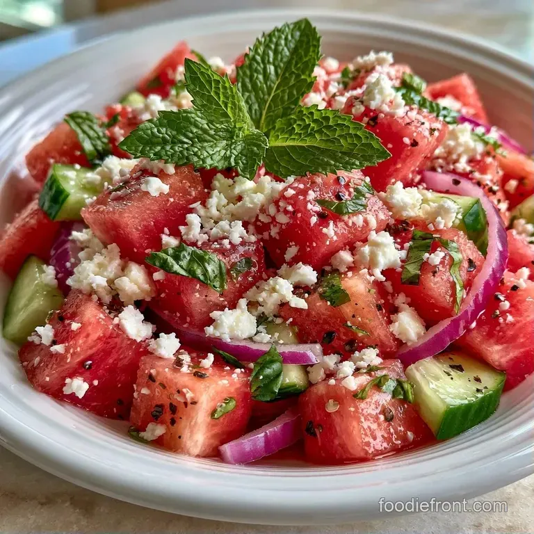 Neat cubes of red watermelon and white feta arranged on a ceramic platter with a drizzle of dark balsamic glaze.