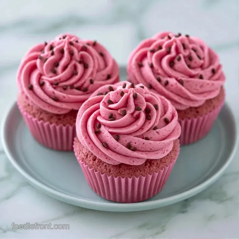 Pastel pink cupcakes with piped green swirls arranged neatly on a white marble stand beside fresh melon slices.