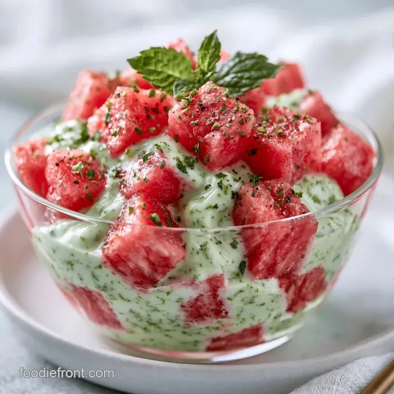 A chilled glass cup filled with bright red fruit layers and velvety cream, topped with a fresh mint leaf sprig.