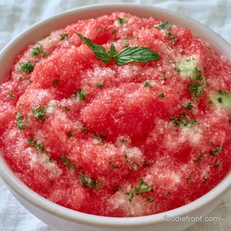 Four frosted glasses of bright red blended ice topped with tiny mint sprigs on a sunlit wooden garden table.