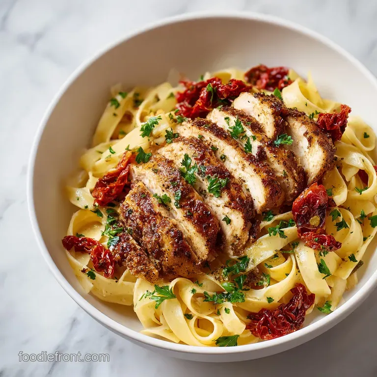 Elegant white bowl of creamy pasta and seared chicken topped with fresh green parsley and shaved parmesan cheese.