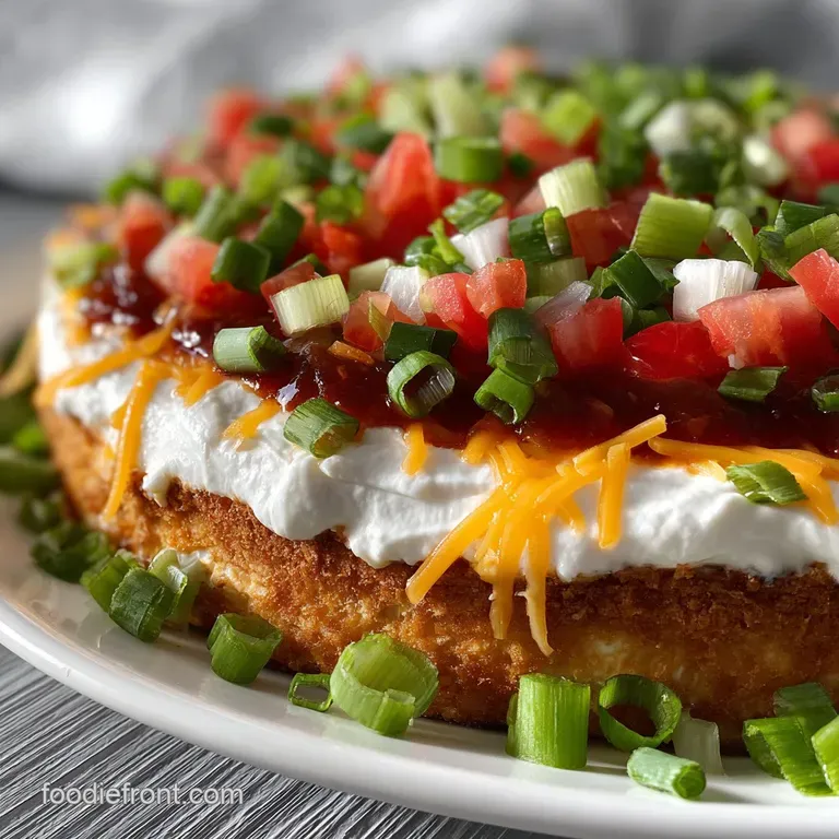 Individual ramekin filled with layered dip. Vivid colors peek through: creamy white, bright red, and fresh green toppings.