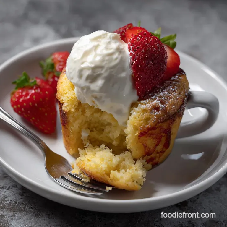 Single-serving vanilla mug cake, elegantly plated on a white ceramic dish, a few fresh raspberries alongside, with a small...