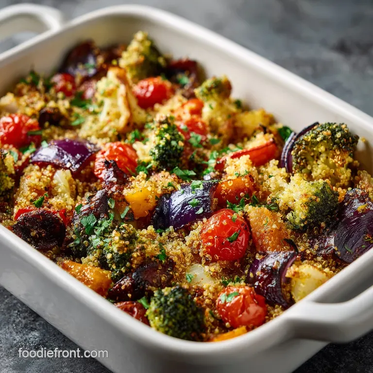 A scoop of steaming casserole showing a medley of colorful vegetables and fluffy quinoa, glistening with a light, savory s...