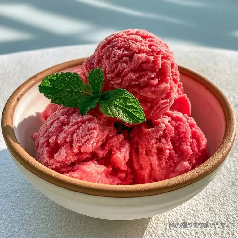 Vibrant pink frozen dessert in a glass coupe, garnished with a fresh mint sprig and a tiny watermelon wedge.