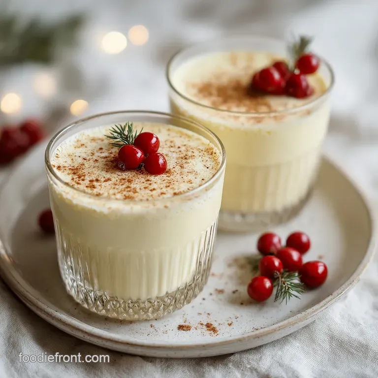 Elegant glass of rich, homemade eggnog topped with whipped cream and a sprinkle of spice. A festive, seasonal treat.