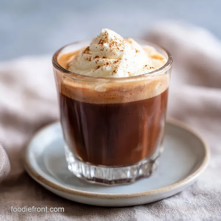 Elegant Irish hot chocolate in clear mugs; swirls of melted chocolate and whipped cream dusted with cocoa, beside shortbre...