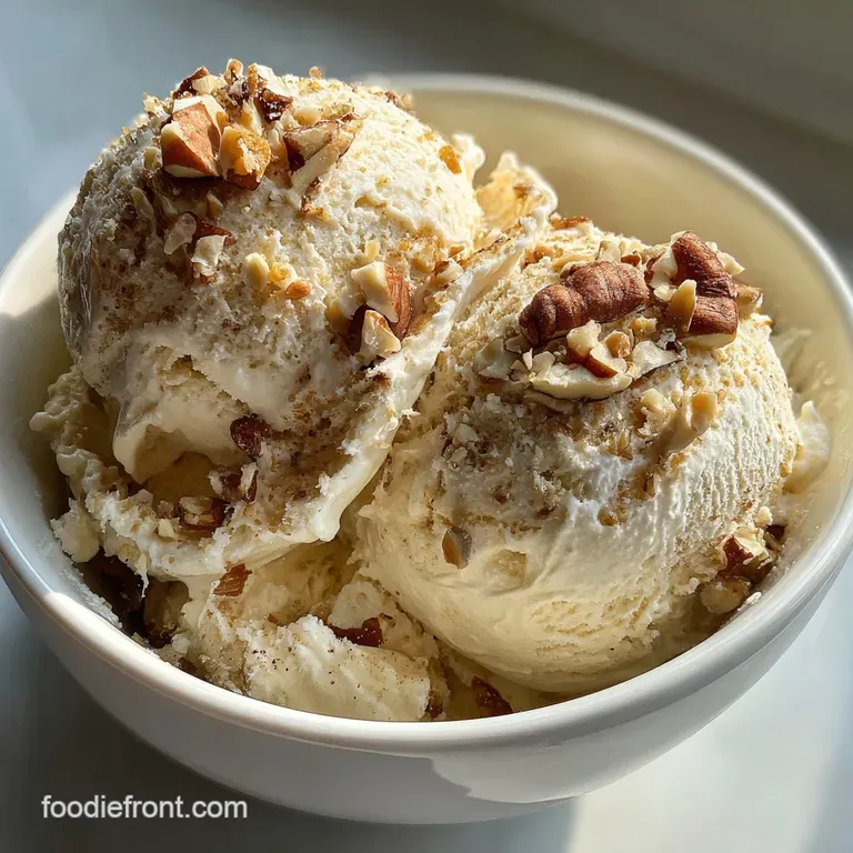 Elegant scoop of nutty ice cream in a glass bowl. Drizzle of amber maple syrup catching the light, inviting taste.