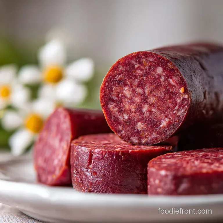 Arrangement of venison sausage rounds, their slightly wrinkled casings hinting at a tangy, cured flavor. Charcuterie board...