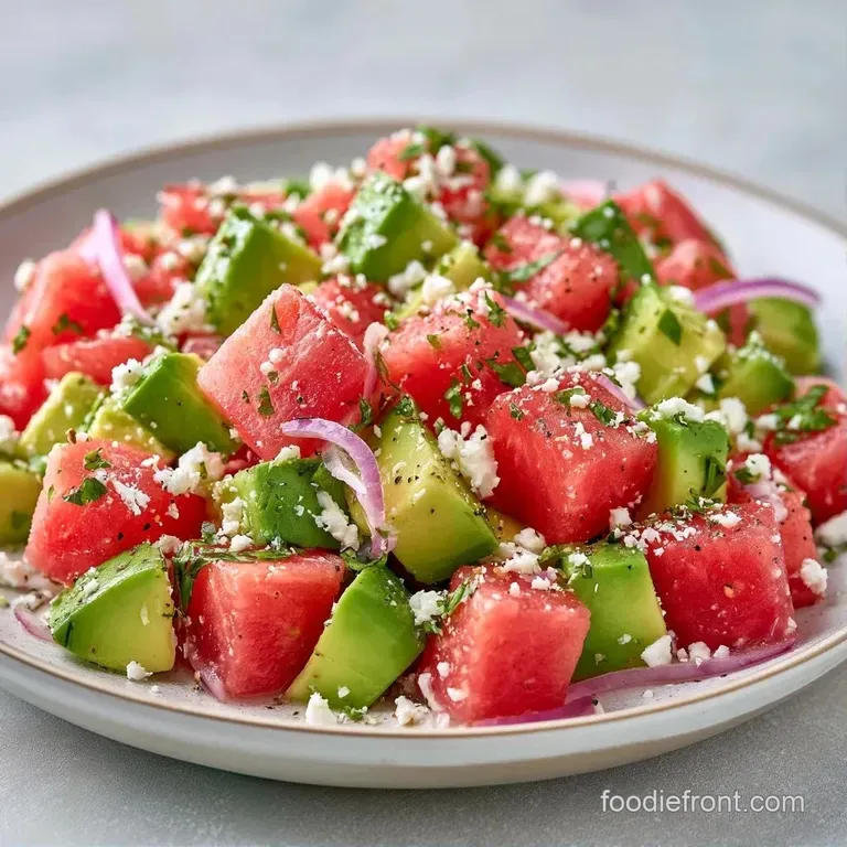 Vibrant red watermelon and creamy avocado slices in a white bowl, garnished with white feta and fresh green mint.