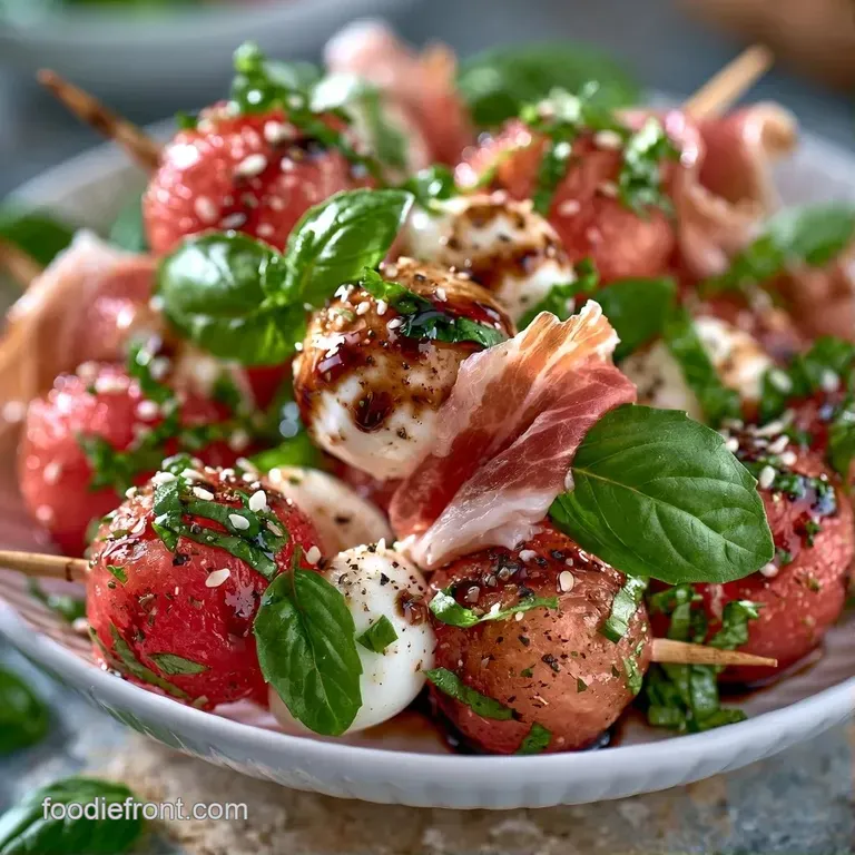 A platter of red fruit cubes, white cheese pearls, and green basil leaves arranged neatly on wooden cocktail sticks.