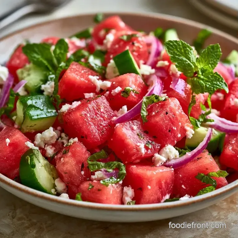 Vibrant red fruit cubes and white feta crumbles scattered in a white ceramic bowl with fresh mint sprigs on top.