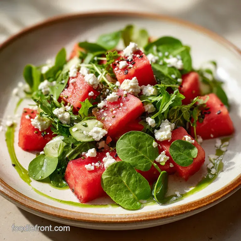 Watermelon feta salad elegantly plated. Contrasting red melon, white cheese, and dark balsamic create a visually stunning ...