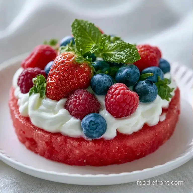 A bright red watermelon base topped with creamy white swirls and fresh berries on a polished white serving plate.