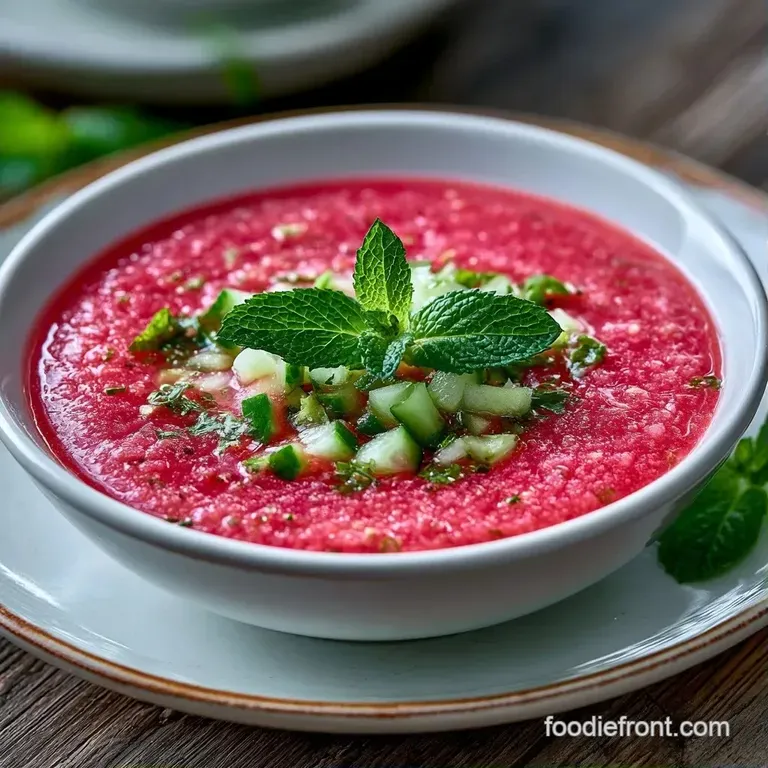 Bright pink chilled soup in a sleek glass bowl on white marble, accented by a sprig of mint and olive oil drops.
