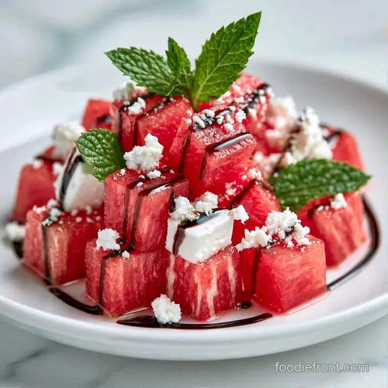 Symmetrical rows of red fruit cubes topped with white cheese and green mint leaves on a slate gray serving board.