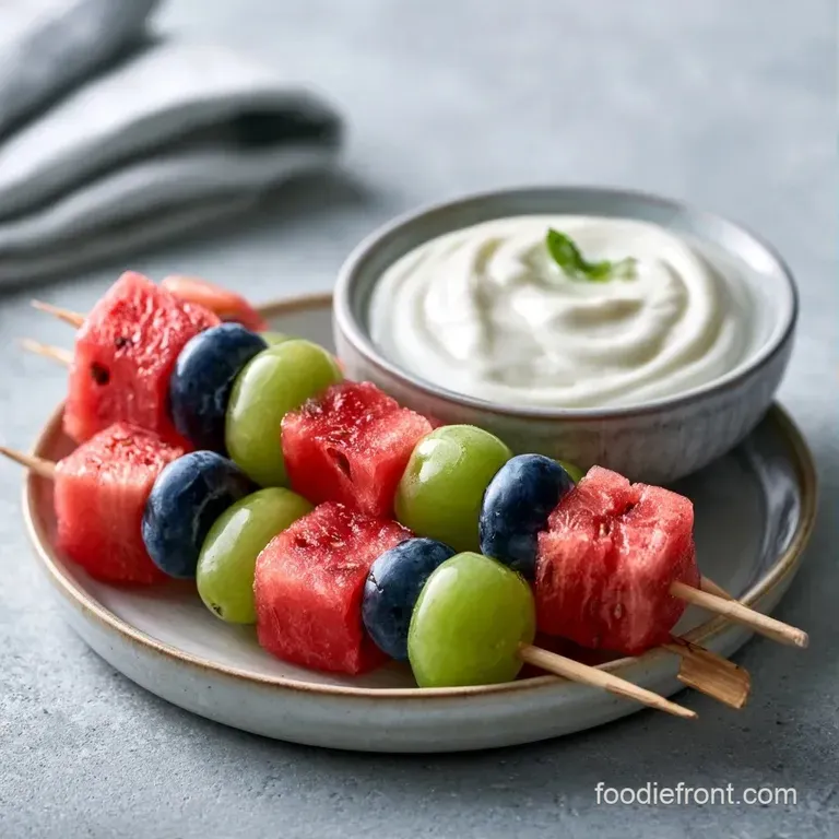 Wooden skewers holding juicy red fruit and creamy white cheese arranged neatly on a rustic slate serving board.