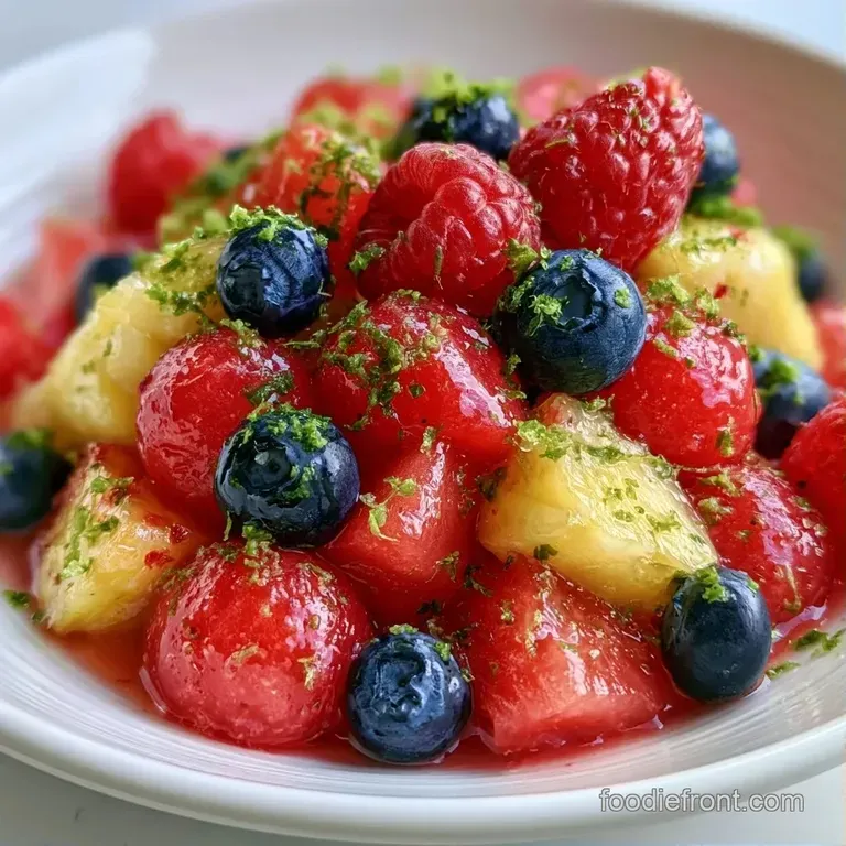 Chilled red melon cubes and white feta crumbles arranged in a white ceramic bowl with fresh mint and lime slices.