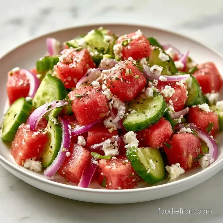 A wide wooden platter featuring chilled red fruit cubes, snowy feta, and sprigs of mint under bright sunlight.