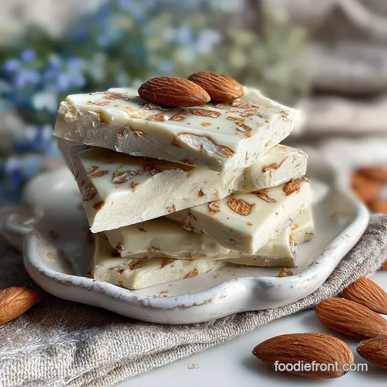 Elegant shards of white almond bark artfully arranged on a white plate. The creamy white contrasts beautifully with the da...