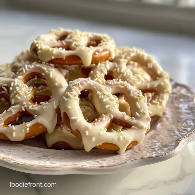 Delicate arrangement of white chocolate pretzels on a vintage plate. Sprinkles add a festive touch to the creamy white coa...