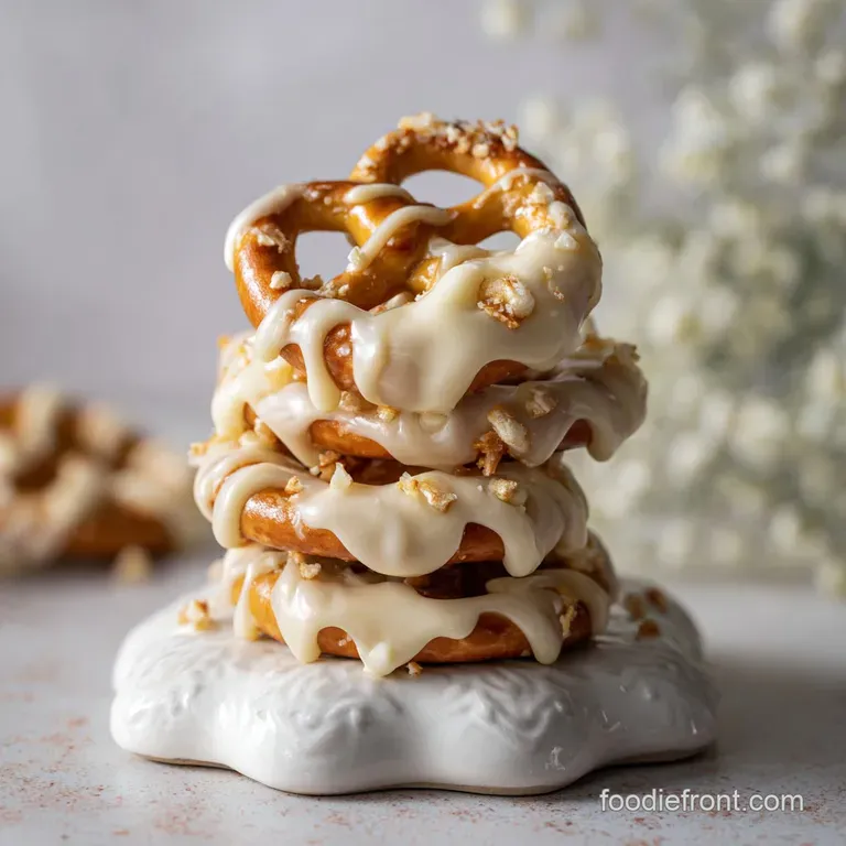 Elegant white chocolate pretzel stack on a minimalist white plate. Smooth, glossy finish against the rough pretzel texture...